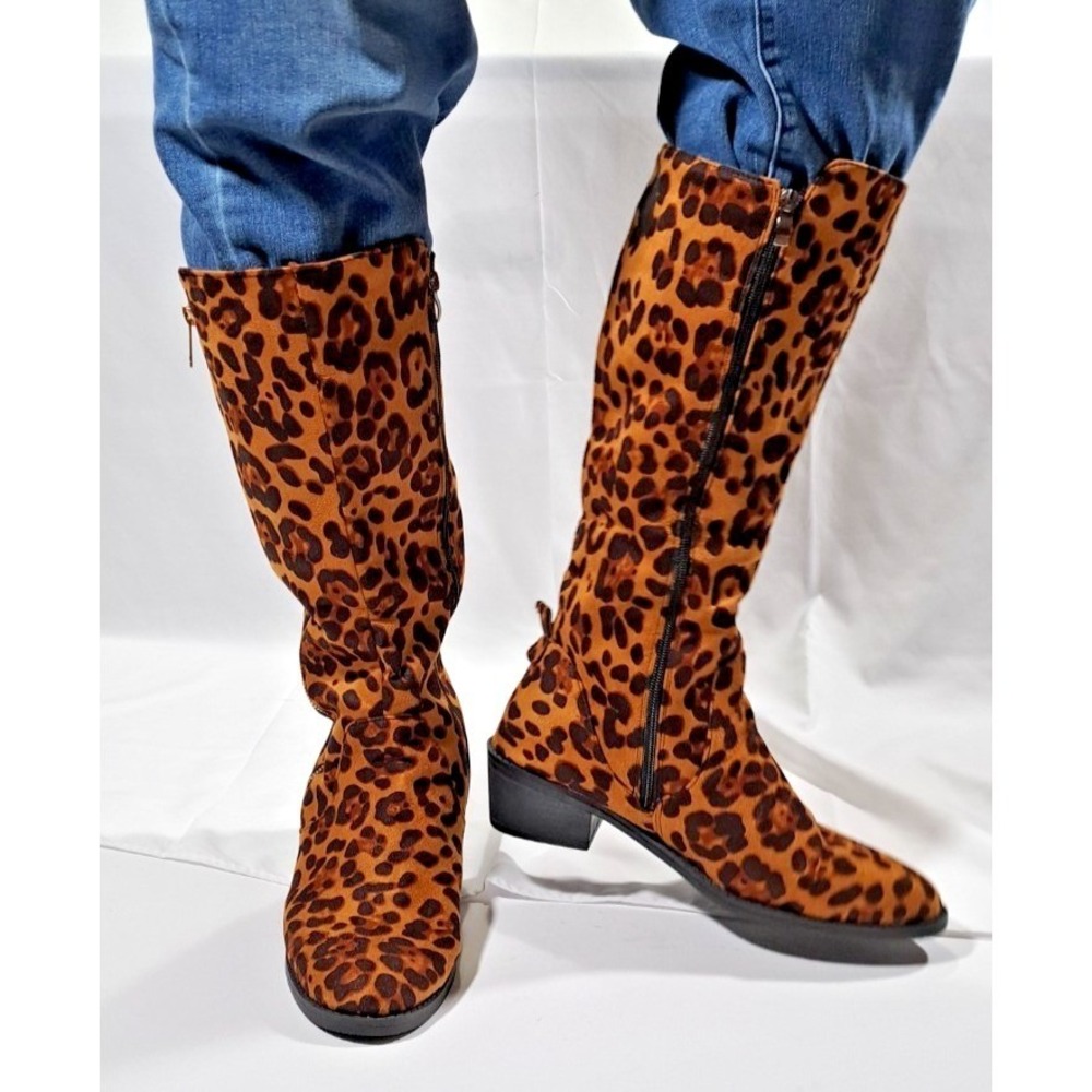 Leopard Print Tall Knee High Boots Faux Suede Low Block Heel Side Zip Size 42